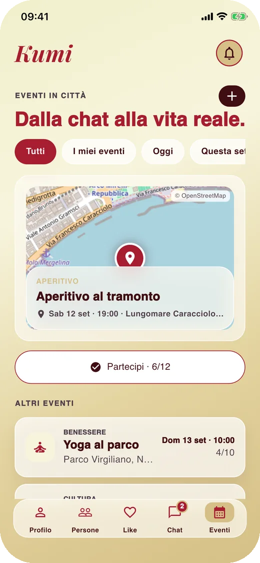 La schermata Eventi di Kumi con la mappa di un aperitivo a Napoli