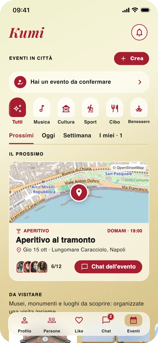 La schermata Eventi: un aperitivo al tramonto sul lungomare di Napoli