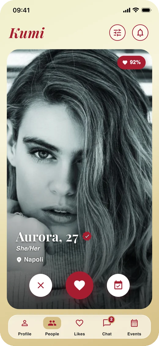 Kumi's People screen: Aurora's profile, 27, 92% affinity