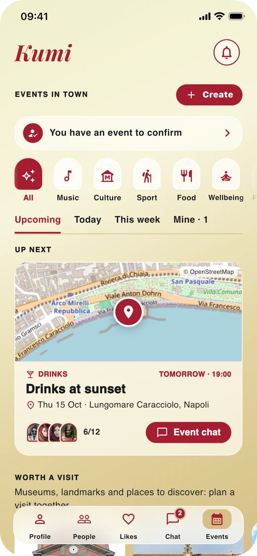 The Events screen: drinks at sunset on the Naples seafront